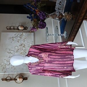 Women's Silk V-Neck Embellished Coverup Tunic Top By Bianca Nygard. Size 10